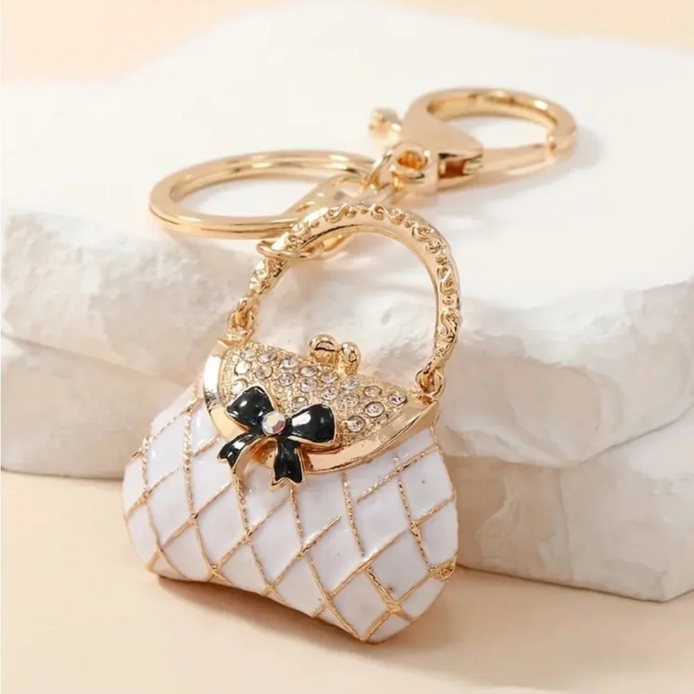 Purse Charm Keychain Gold White Handbag Bag Charm Lobster Clasp
